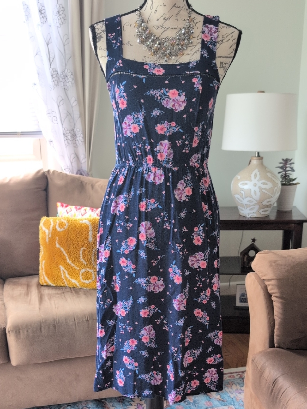 Xhilaration Navy Midi Dress with Pink Floral Print